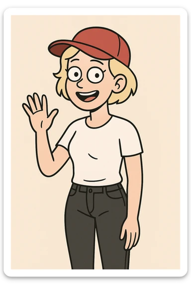 A woman Very Light Blonde short hair Red Ultimate panel Cap white top black jeans a hand say hello sticker