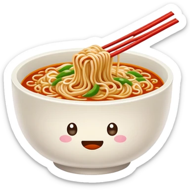 Wuhan hot dry noodles with sesame paste, simplified emoji style with bold outlines and bright colors, cartoon style Chinese noodle bowl sticker