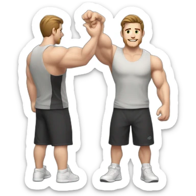 Close up Actively gesturing  with hands Pale skinned Fit Man With the biceps and brown hair in dark gray Sleeveless Mike, black oversize sports shorts, watch and white Sneakers sticker