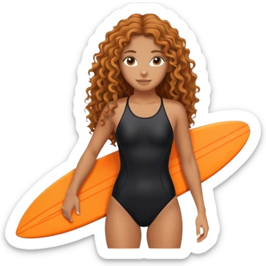Surfer girl with black swimsuit and orange surfboard and long curly hair sticker