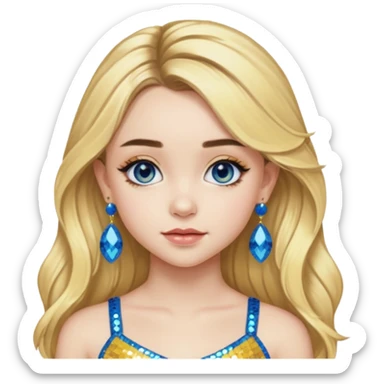 Sabrina Carpenter with long blonde hair, yellow sequin crop top, yellow earring, blue eye sticker