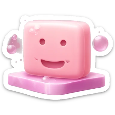 Light pink soap bar sitting on a soap holder, with soap bubbles  sticker