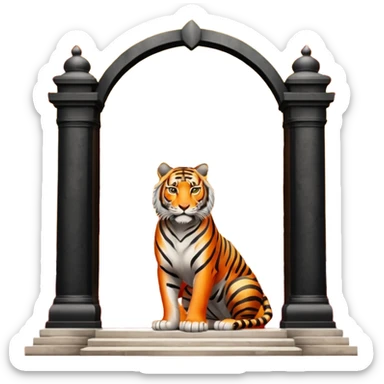 Traditional Chinese ink painting style emoji. A powerful tiger (like the ancient character 虎), standing guard in front of mystical gates (門). Energy swirls around him like a vortex (🌀). Minimalist, transparent background, 512x512 pixels. sticker