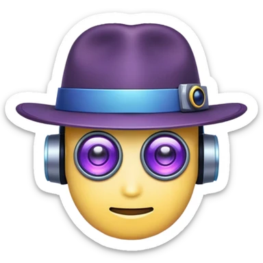 "Create a pixel-style emoji that represents the Kaito brand — a futuristic, AI-powered explorer. The emoji should combine a cute robotic face with a hint of mystery (like a small detective hat or a glowing monocle). Include subtle purple and blue accents to match a high-tech, cyberpunk vibe. It should look fun and expressive, ideal for chats or as a community symbol." sticker
