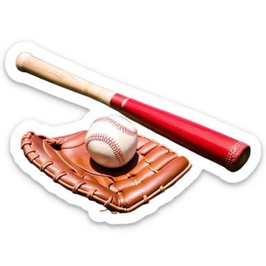 A baseball bat, ball, and glove placed on the grass of a baseball field, with the diamond and base lines clearly visible in the background. The scene captures the essence of the sport, with the equipment ready for action on the neatly marked field. sticker