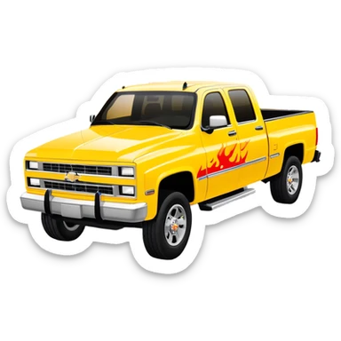 Yellow Chevrolet C-2500 Crew Cab with movie-accurate red flame vinyl graphic on the hood, exactly like the Kill Bill 'Pussy Wagon', 30-degree view, iOS emoji style sticker