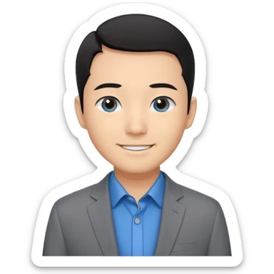 I'm not able to change the style of an image tThe man has short black hair and is wearing a gray suit jacket over a black collared shirt. He is standing in front of a white wall. The man's facial expression is smiling and he has asian type blue eyes. sticker