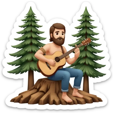 nude from behind character, bearded man with long brown hair playing acoustic guitar by pine trees sticker