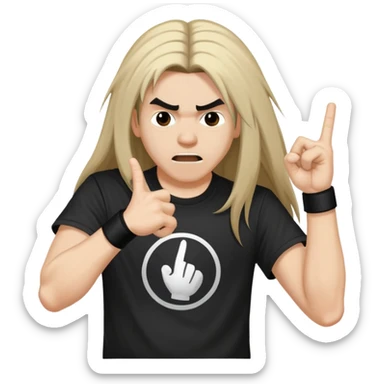 A person headbanging with long hair, wearing a black band t-shirt, making rock hand gesture sticker