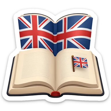 Minimalistic flat vector icon, iOS style, thin black contour on white background. Open book with a small UK/USA flag symbol. No text, no shadows. sticker