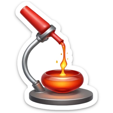 Glassblowing and casting icon, molten glass being shaped into a delicate object with a blowpipe, glowing red-hot glass being poured into a mold, unfinished glass sculpture, minimalistic style, clean lines, transparent background. sticker