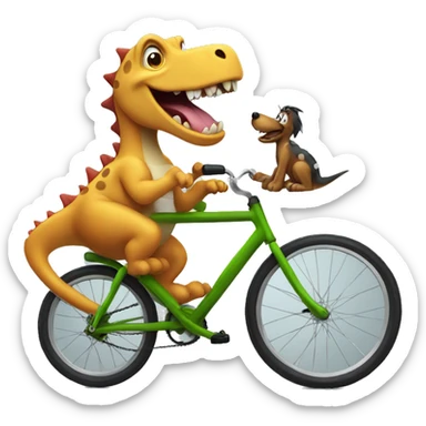 A goofy dino on a bike that is fighting a dog sticker