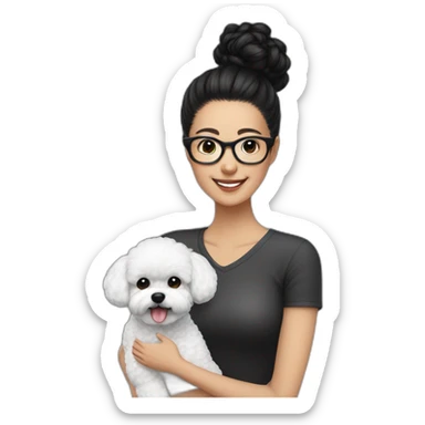 woman-black hair-bun-with glasses-with bichon dog-white-smile sticker