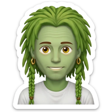 man with brown dreads covering forehead white tee golden eyes light green skin  and white smile sticker