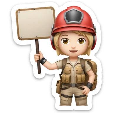 Create a cute emoji-style PUBG Mobile character, chibi version with helmet and backpack, standing in victory pose, holding a blank white sign or paper sheet in both hands in front of chest, ready for text, clean white background, simple emoji design” sticker