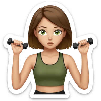 Girl with green eyes, brown hair shoulder length, light skin, and freckles wearing an olive green crop top with black leggings working out, she has light gorgeous lashes sticker