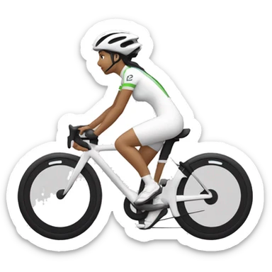 Ciclista MUJER de piel morena clara de contextura delgada estatura alta con zapatillas de ruta blancas licras negras y maillot blanco casco blanco sticker