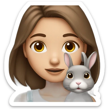 brown hair girl with cute grey rabbit sticker