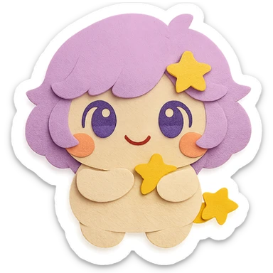 Remove the yellow moon from the hair but keep the yellow star. Preserve all other hairstyle features and colors. Add a super cute, soft, and adorable smile. Keep the full body and maintain the paper craft style with clean lines and transparent background. sticker