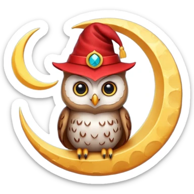 Owl wearing a tiny fez, sitting on a crescent moon. sticker