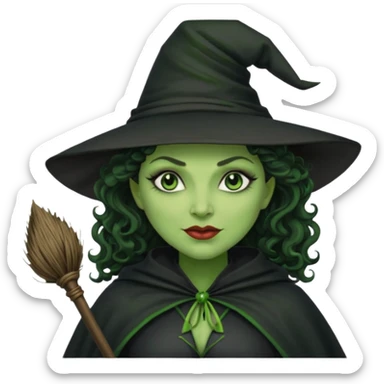 elphaba wicked witch with broom close up, evil dark curly hair, green skin, thick lips, cheekbones, smirk evil menacing cythia erivo dark aesthetic black hat cloak  sticker
