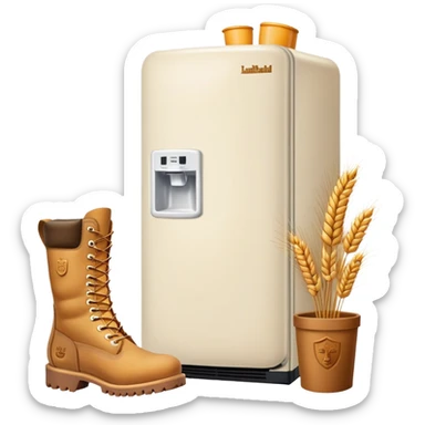 A white refrigerator with a camel head on top, and four Timberland-style wheat colored work boots attached to the bottom corners sticker
