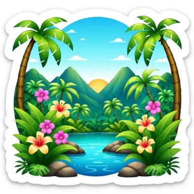 Lush exotic tropical sparkly colorful flowery jungle nature scenery  sticker