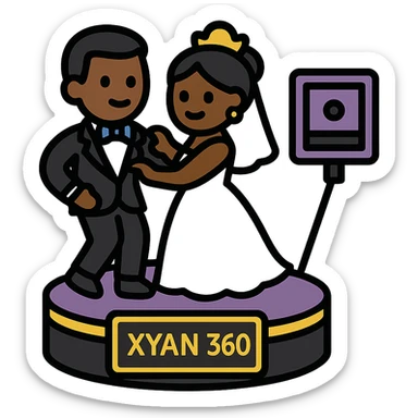 small simple icon of a Black bride and groom dancing on a 360 spin booth with an iPad as the camera for the booth, 'Xyan 360' signage, purple gold and black accents, luxury wedding event style sticker