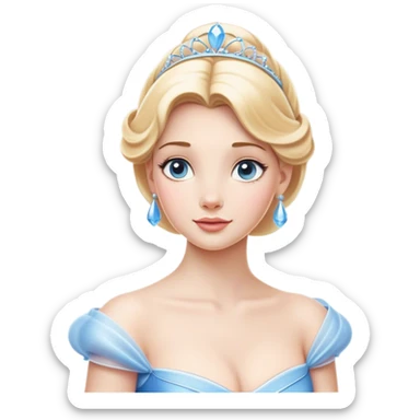 Cinematic Elegant Cinderella Portrait Emoji, rendered in a cinematic, vector-style with minimal shading and bold, simplified shapes. Depict Cinderella in her classic ball gown (chest and above) with fair, porcelain skin and elegantly styled blonde hair, her eyes soft and kind, and her expression serene and graceful. The design glows with a gentle, enchanting radiance and high shine, capturing the timeless beauty of a fairy tale princess. sticker