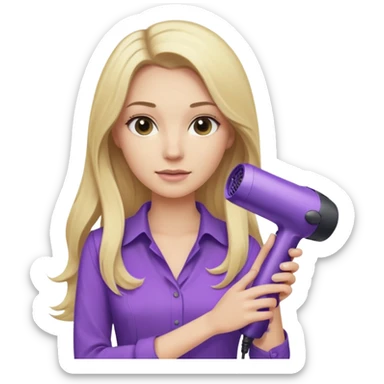 blonde woman with long hair, beige blouse, and purple Dyson hair dryer, iOS emoji style sticker