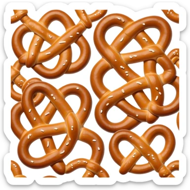 Cinematic Realistic Pretzels Dish Emoji, featuring freshly baked, twisted pretzels with a glossy, salted crust rendered with detailed textures and warm, appetizing lighting. sticker