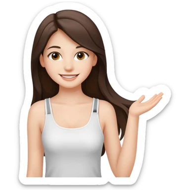 a pretty bratz fair girl with straight brunette long hair, middle partition. wearing a white thin strap trap tank top, smiling, wearing light makeup. very pretty. sticker
