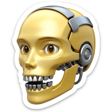 3D render of Steel Jaw, futuristic cyborg aesthetic, fusion of organic skin and chrome metal, brushed steel lower jaw attached to a pale skin face, emoji style, isolated on white background --v 6.0. sticker