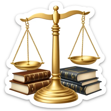 An icon featuring a gavel, scales of justice, and legal books, symbolizing law. The design includes a courthouse building in the background, representing the legal system and justice. Transparent background highlights the authority and structure of the law. sticker