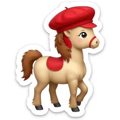 A cute pony (horse) emoji, full body, standing in side view, wearing a stylish red beret. sticker