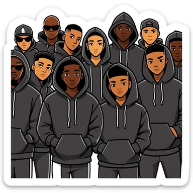 Gang of black people wearing all black with black hoodies sticker