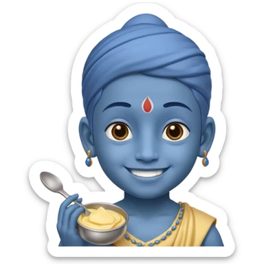 Kid Krishna, smiling, sitting with butter pot, blue skin sticker