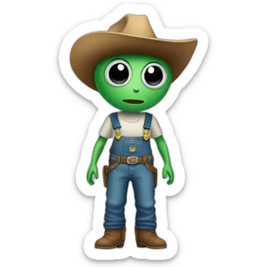 alien wearing a cowboy hat and overalls sticker