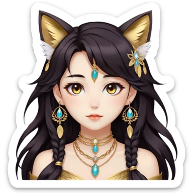 Beautiful gorgeous anime lady with beautiful dark-brown-special-hair, fashion aesthetic, ethereal, feather, accessories, gold jewelries, gold, colorful, feline ears,  sticker