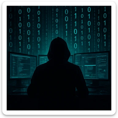 cybersecurity domain, hacker silhouette with binary code, tech style sticker