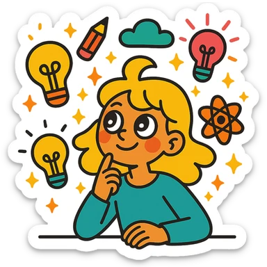creative blond girl, surrounded by floating ideas, dreamy eyes, sparkles, energetic style sticker