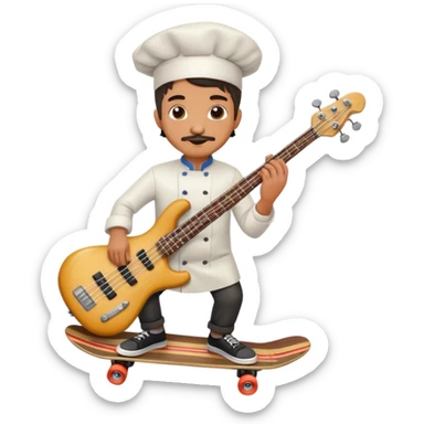 Italian chef on a skateboard holding a bass guitar sticker