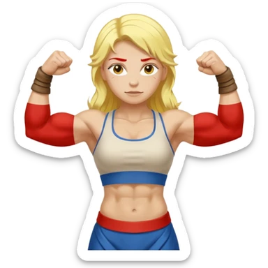 slavic girl, medium size yellow hair, flexing muscles, full body, muscled, with traditional slavic outfit sticker