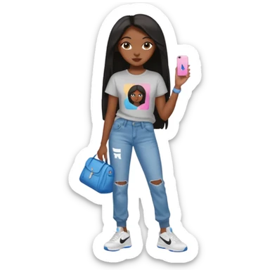 face girl with nails and cute make up black girl strait hair super long  top and slim body and baggy jeans and nike choes sticker