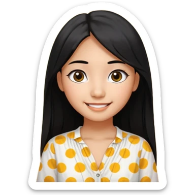 20 yr old asian woman hair white blouse with black dots center part big eyes big smile tanned skin straight black hair hippie part hair  sticker