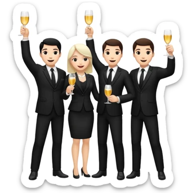 Un equipo de venta con trajes negros, personas blancas solo 3 celebrando un logro con un brindis. El fondo negro totalmente  sticker