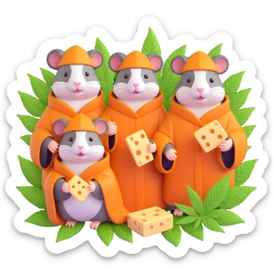 hamsters at a THC weed pool party with cheese, cult robes and marijuana leaves, 3D Emoji style sticker