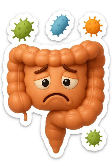 EMOJI STILE IPHONE 3D DI INTESTINO 3D CON ESPRESSIONE TRISTE  IN VOLTO MENTRE SOPRA LUI FLUTTUANO BATTERI, FAGLI ANCHE LA PARTE BIANCA DEGLI OCCHI, NON SOLO LA PUPILLA sticker