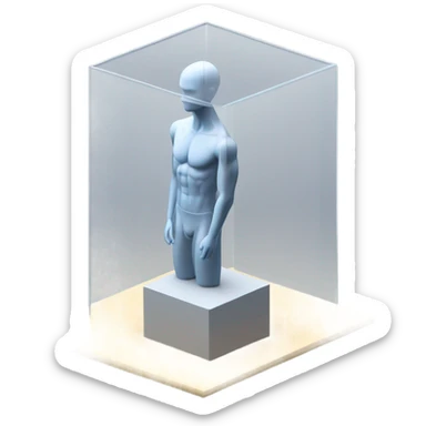 male mannequin abs cubes inside a glass cube on a stand isometric view sticker