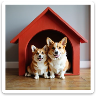 realistic red dog house with a Corgi dog inside, two Corgis, photorealistic style sticker